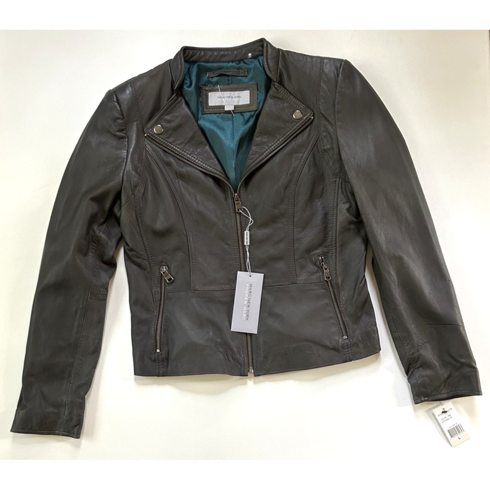 NWT Marc New York Andrew Marc Moto Mob Wife Grey Leather Jacket Size L - Picture 3 of 16